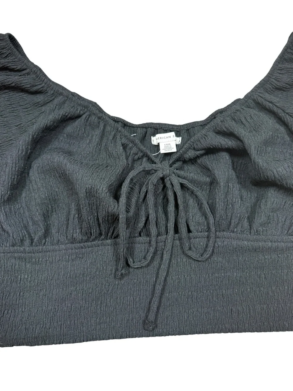 American Eagle Outfitters Black Smocked Tie-Front Crop Top